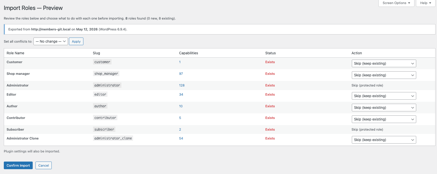 Import Roles preview screen