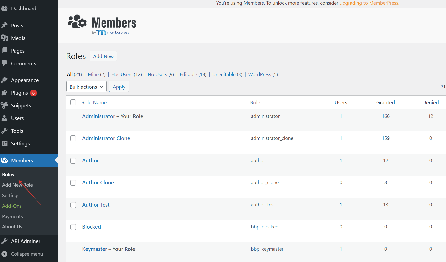 Members roles screen
